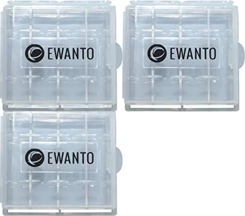 3X EWANTO Batteriebox/Akkubox zu Aufbewahrung von 4 STK. Mignon (AA) oder Micro (AAA) Batterien und Akkus transparent mit Logo