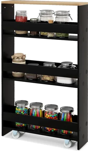 GOPLUS Nischenregal mit Rollen, 4 Ebenen Regalwagen mit Griff, Küchenschrank Badregal Rollregal für Küche Bad, Wäsche (Schwarz + Natur)