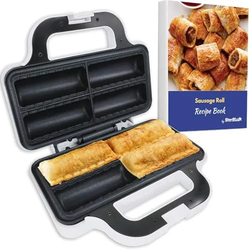 Wurstrollenformer von StarBlue mit GRATIS Rezept-eBook – Machen Sie 4 schnelle und leckere Frühstückswurstbrötchen und Snacks in Minuten, 220-240 V, 50/60 Hz, 850 W UK Stecker mit EU Adapter
