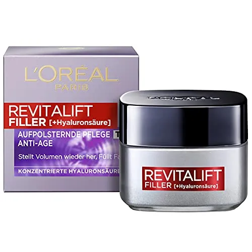L'Oréal Paris Anti-Age Tagespflege für Frauen: mildert Falten und einen optimalen Aufpolsterungs-Effekt mit hochkonzentrierter Hyaluronsäure, Revitalift Filler, 1x 50ml
