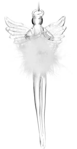 BRUBAKER Engel Christbaumschmuck aus Glas - Schutzengel Weihnachtsbaum Anhänger Transparent mit Feder Kleid - Weihnachtsanhänger Baumschmuck - Glasengel Weihnachtskugel zum Aufhängen - 12 cm