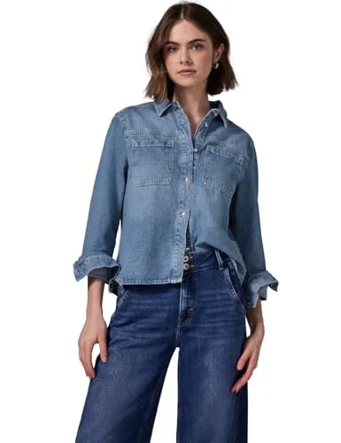 Street One Studio Damen F212565 Cropped Jeans Overshirt, Light Blue Wash, 46 - Funktionsjacken aus reiner Baumwolle, leicht und stylisch mit Hemdkragen und Brusttaschen für einen lässigen Look.