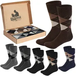 BRUBAKER Socken Herrensocken mit Rautenmuster - Farbmix Grau Braun (in Geschenkbox, 6-Paar, weich und atmungsaktiv) Herren Komfortsocken mit Argyle Karo Muster bunt 35-38