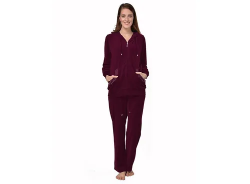 RAIKOU Hausanzug Freizeitanzug mit Strasssteinen - Hausanzug in Brombeer, 80% Baumwolle, 20% Polyester, mit Reißverschluss und Kapuze – ideal für gemütliche Tage zu Hause.