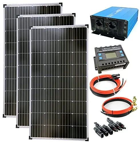 solartronics Komplettset 3x130 Watt Solarmodul 1500 Watt TS1500 reiner Sinus blau Spannungswandler Laderegler Kabel Photovoltaik Inselanlage