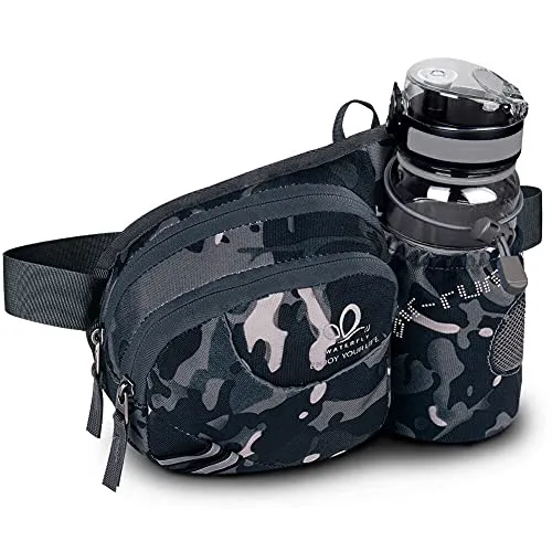 WATERFLY Taille Tasche mit Flaschenhalter Damen und Herren, Atmungsaktiv Hüfttasche mit Reflektorstreifen für Laufen Radfahren Camping Klettern Reisen (Tarnung Schwarz)