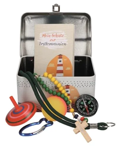 Mein Schatz zur Erstkommunion - Geschenkbuch mit farbenfroher Metallkiste, die ein Begleitheft, Rosenkranz und mehr enthält – die ideale Geschenkidee zur Erstkommunion für Jungen und Mädchen!