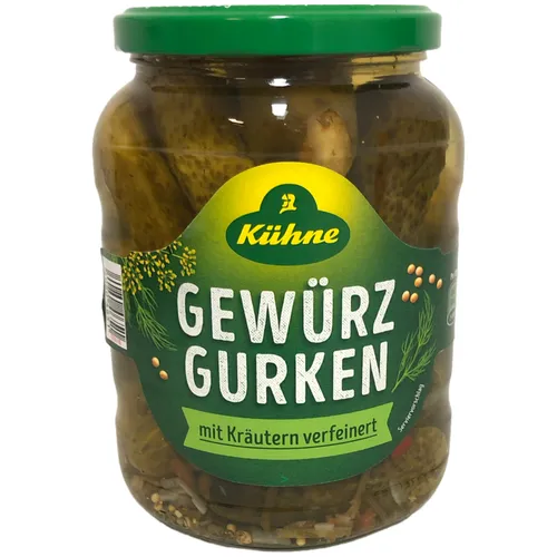 Kühne Gewürzgurken Auslese mit Kräutern 360g - Eingelegtes Obst & Gemüse, verfeinert mit aromatischen Kräutern für den perfekten Snack oder die ideale Beilage.