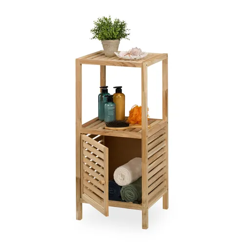 Badezimmerregal Standregal Holzregal Walnuss mit 2 Ablagen - Regal für Badezimmer und Küche, freistehend mit 3 Fächern und Türen, bietet praktischen Stauraum und eine maximale Belastbarkeit von 60 kg.