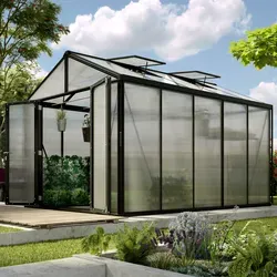 Vitavia Gewächshaus Zeus Comfort 10000, HKP 16mm, schwarz - Garten-Zubehör: Hochwertiges Gewächshaus mit stabiler HKP-Verglasung, ideal für anspruchsvolle Hobbygärtner. Hohe Windstabilität und komfortabler Zugang durch breite Doppelflügeltür.
