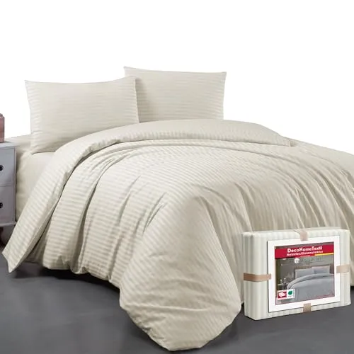 DecoHomeTextil Bettwäsche Set Bettgarnitur mit Reißverschluss Polycotton Streifen Champagner 1x Bettbezug 200 x 220 cm + 2X Kissenbezüge 80 x 80 cm