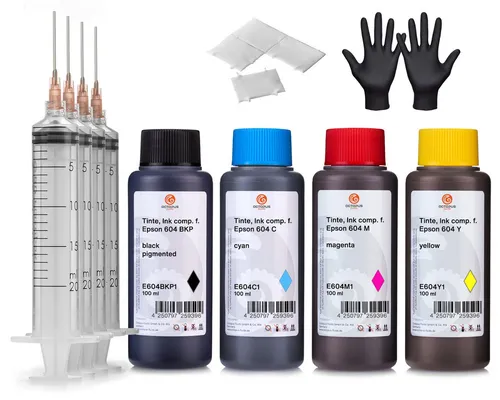 OCTOPUS Fluids Druckertinten Set für Epson 604 - Komplettset für Epson 604 Tintenpatronen mit Premiumtinten in allen Farben. Ideal für WorkForce 2950DWF, inkl. Refillspritzen und Handschuhe für einfaches Nachfüllen.
