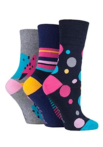 Gentle Grip - 6er Pack Damen Baumwolle Reine Bunt Muster Ohne Gummi Socken mit Design (37-42 EU, GG189)