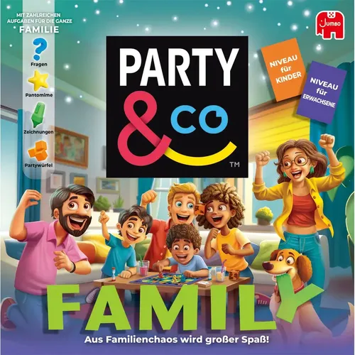 Party & Co. Family - Gesellschaftsspiel für die ganze Familie mit zwei Teststufen für Kinder und Erwachsene. Spaßige Herausforderungen wie Imitationen und kreative Aufgaben sorgen für unvergessliche Spielabende!