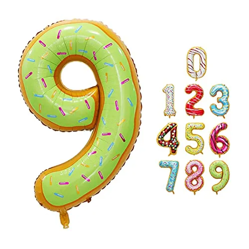 Luftballon Zahlen 9 Happy Birthday Party Deko, mit Donut Eis Motiv, Schweben mit Helium für Geburstagdeko Jubiläum, 40 Zoll 100cm aus Folie, Vivi Idee