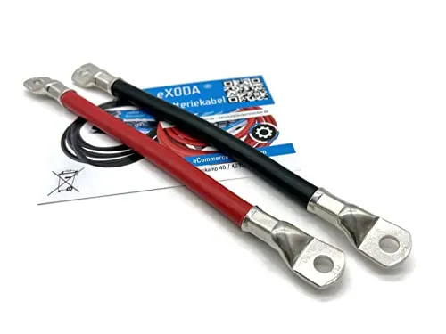 eXODA 50 mm2 M8 M8 Batteriekabel, Rot und Schwarz (20 cm) - Kabel für Autobatterien und Solarenergie, 99,9% Kupferanteil für hohe Leistung bis 20160 Watt, hitzebeständig bis 70°C, ideal für vielseitige Anwendungen.