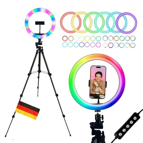 TronicXL 1,05m Premium Kamerastativ mit RGB Ringlicht für Smartphone - Vielseitiges Stativ mit RGB Ringlicht für perfekte Fotos und Videos. Ausziehbar von 35 bis 105 cm, ausgestattet mit flexibler Smartphone Halterung und neigbarem Kugelkopf. Ideal für Selfies, Konferenzen und mehr!