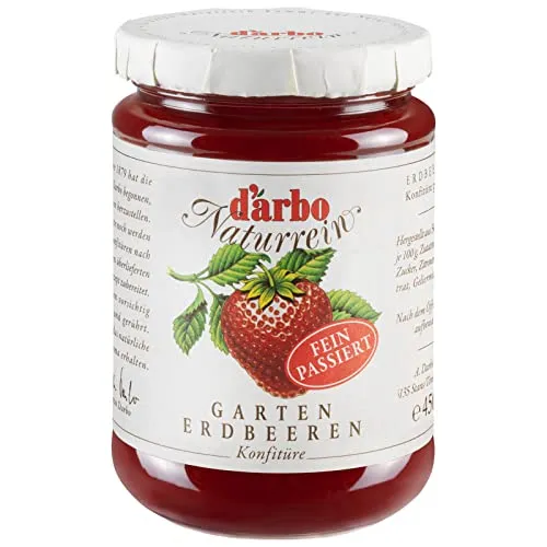 Darbo Naturrein - Garten Erdbeer Konfitüre fein passiert - 450 g - Brotaufstriche aus hochwertigen Früchten, ohne Aromen und Konservierungsstoffe. Ideal für Frühstück und zum Verfeinern von Desserts. Naturrein-Qualität aus Österreich, seit über 140 Jahren im Familienbesitz.