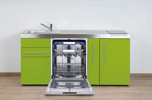 Stengel Miniküche MPGG 180 A mit Kühlschrank und Geschirrspüler - Platzsparende Küchenzeile mit Kühlschrank und Geschirrspüler. Ideal für kleine Räume, bietet alles für die tägliche Küche. Breite: 180 cm, in frischem Grüner Apfel gestaltet.