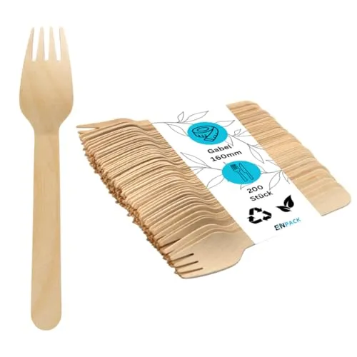 Enpack Holzgabeln Einweg 200 Stück - Besteck Einweg (Gabeln) 160mm - Kuchengabeln Pommesgabel Fingerfood Zubehör - Gabel aus Holz für Grillparty, Picknick, Partygeschirr - Einmalbesteck Einweg Gabel