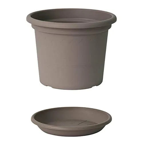 Euro3plast Geo Blumentopf mit Untersetzer 12 Größen und 9 Farben zur Wahl (25 cm, Taupe)