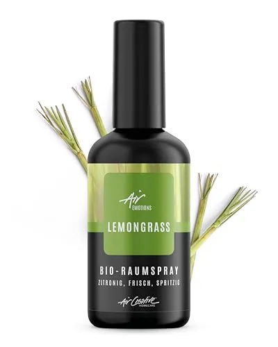 Air Creative® Raumspray Lemongrass - Erfrischender Zitrusduft - echtes Zitronengrasöl in BIO-Qualität - Frischekick und Konzentrationsfördernd - in eleganter schwarzer Glasflasche
