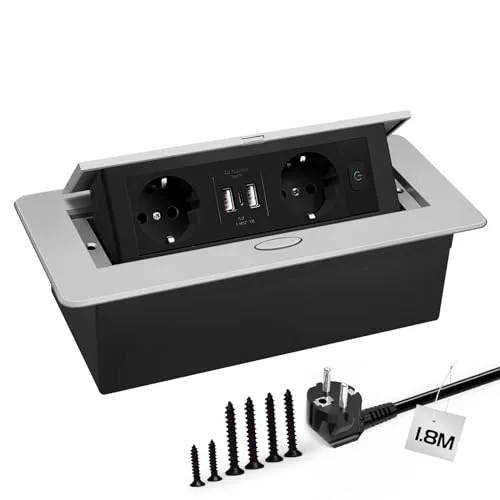 Tischplatte Versteckt Steckdose, tischsteckdose mit 2 Steckdosen und 2 USB Anschlüssen Typec 3.1A Connection Box Silver
