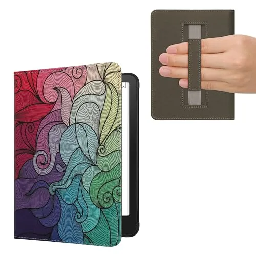 kwmobile Schutzhülle für Amazon Kindle Paperwhite (2024)/Colorsoft Hülle - eReader Flip Case mit Handschlaufe und Auto Sleep Funktion - Farbrausch mit Pink Blau Grün
