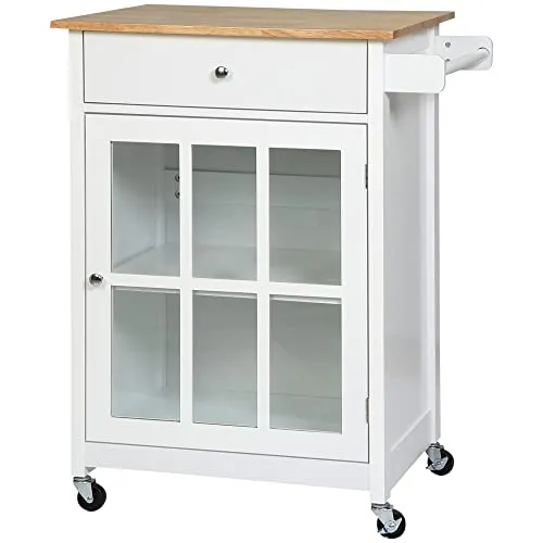 HOMCOM Küchenwagen Küchenrollwagen Servierwagen mit Räder Schublade Weinablage MDF Gummiholz Weiß+Eiche 67 x 48 x 86,5 cm