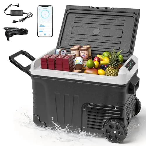 EUHOMY 35L Kompressor Kühlbox, Auto-Kühlschrank mit APP, Tragbarer Gefrierschrank 12V/24V DC & 220-240V AC, Kühlschrank -20℃~20℃, Kühlbox mit Rollen & 2 Körben für Reisen, Camping