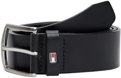 Tommy Hilfiger Denton Ledergürtel schwarz 100 cm - Lässiger Ledergürtel aus echtem Leder mit gebürsteter Metallschnalle und Tommy Hilfiger-Logo, perfekt für stilbewusste Herren.
