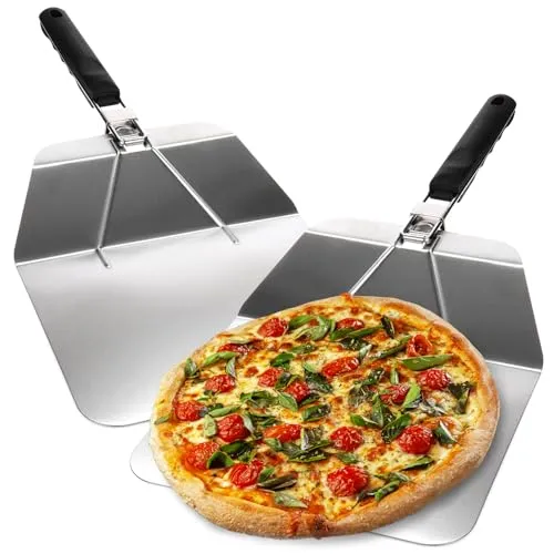 com-four® 2x Pizzaschaufel aus rostfreiem Edelstahl - Pizza- und Kuchenheber mit klappbaren Griff - Pizzaschieber für Pizza, Flammkuchen, Brötchen und Brot (silberfarben/schwarz - eckig 2x)
