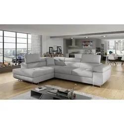 Ecksofa Olmo | 275 x 202 x 90 cm | Grau - Elegantes Ecksofa Olmo mit ausziehbarer Liegefläche und Stauraum. Ideal für stilvolle Wohnräume – komfortabel mit verstellbaren Kopfstützen und hochwertigem Stoffbezug.