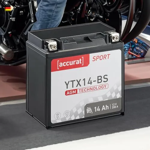 Accurat Motorradbatterie YTX14-BS - Wartungsfrei & Rüttelfest - Motorradbatterie in Erstausrüsterqualität mit hoher Lebensdauer, ideal für Stadtverkehr und Kurzstreckenbetrieb. Kipp- und auslaufsicher für maximale Sicherheit.