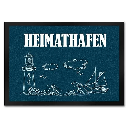 trendaffe - Heimathafen Fußmatte mit weiße Symbole wie Schiff Wellen Leuchtturm weiße Schrift Motiv