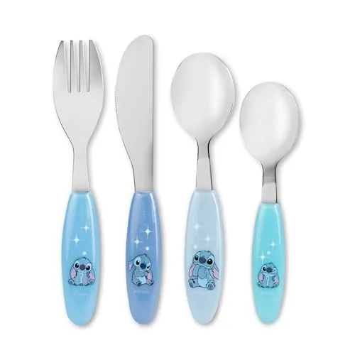 Stitch Kinderbesteck 4-teilig Edelstahl mit bunten Griffen | Messer, Gabel, großer und kleiner Löffel