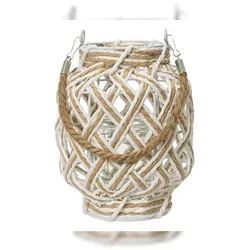 Kaemingk Windlicht Laterne mit Henkel 16x20cm - Kerzenständer aus robustem Papier in Weiß und Natur Braun, ideal für stimmungsvolle Beleuchtung im Innenbereich.