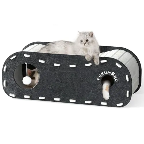 FUKUMARU Katzenbett, Stabile Katzenhöhle aus hochwertigem Filz，Katzenhaus Indoor 2 Schicht Katzenbett ，Katzen Höhle zum Schlafen, Spielen und Verstecken，Filzhöhle schwarz