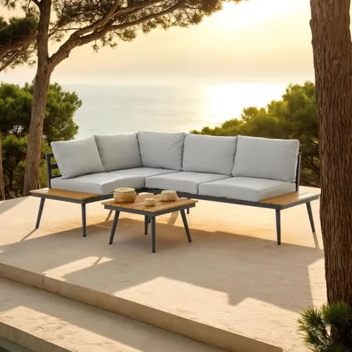 Gartenlounge Paros, grau - Modernes Outdoor Sofa mit Beistelltisch - Gartenmöbel-Set mit eleganter Eckbank und wasserabweisenden Kissen für höchsten Komfort. Ideal für Terrasse und Garten, besteht aus robustem Alugestell in Holzoptik.
