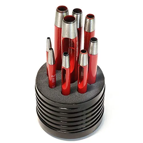 S&R Locheisen-Satz 2-10mm - Henkellocheisen für präzises Ausstanzen von Pappe, Gummi und Leder. Hochwertige, langlebige Werkzeuge aus Kohlenstoffstahl in verschiedenen Größen für kreative Projekte und handwerkliche Präzision.
