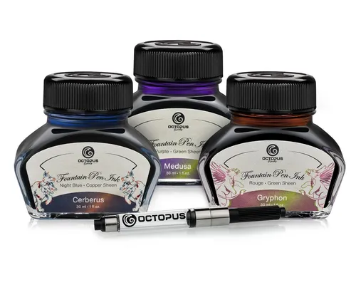 OCTOPUS Fluids Füllhaltertinte Sheen Set 3 x 30 ml mit Konverter - Entdecke das 3er Set Füllhaltertinte mit zauberhaftem Schimmer-Effekt. Perfekt für kreative Schreibprojekte, mit einfachem Tintenkonverter für schnelles Nachfüllen. MADE IN GERMANY, ideal für jedes Schreibgerät!