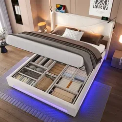 okwish Polsterbett Doppelbett Jugendbett 160×200cm mit 2 Leselichtern & USB,hydraulischem Stauraum, Bettgestell, Beige - Beige