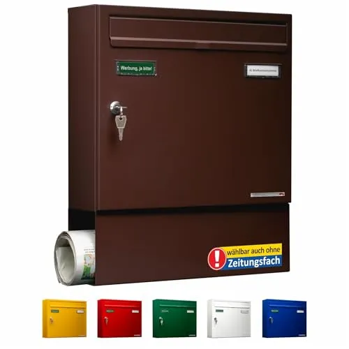 AL Briefkastensysteme Basic 1er - Wetterfester Briefkasten mit Zeitungsfach - Wandbriefkasten in Braun RAL 8017, wetterfest und mit 2 Namensschildern. Ideal für Einfamilienhäuser, entspricht der Europäischen Postnorm DIN 13724.