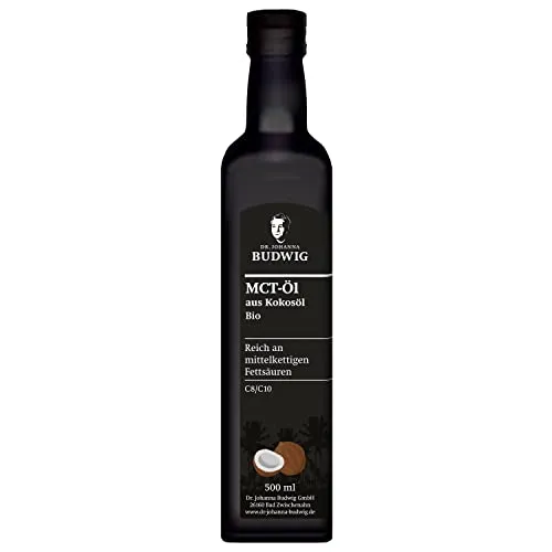 Dr. Budwig Kokosöl Bio MCT Öl (500ml) - nativ kaltgepresst - C8 & C10 Fettsäuren - vegan & ketogene Ernährung - flüssig - geschmacksneutral - mct oil - Ketone zum trinken - laborgeprüft - kokosnussöl