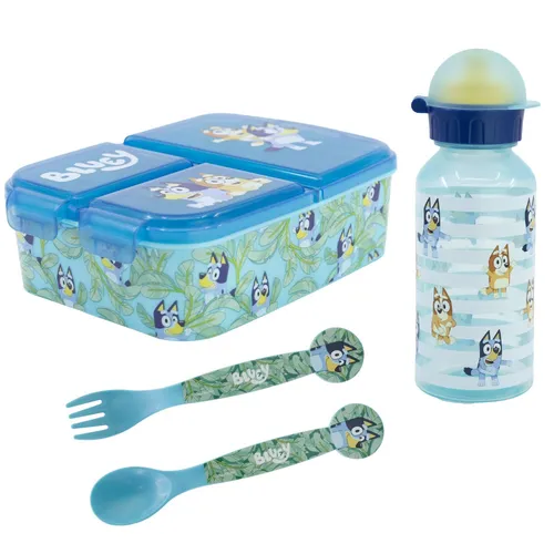 Bluey Bingo Kinder 4-teiliges Set - Brotdose, Trinkflasche & Besteck - Praktisches 4-teiliges Set für Kinder mit 3 Kammern, ideal für die Schule. Robuste Materialien und kindgerechtes Design sorgen für Freude beim Essen.