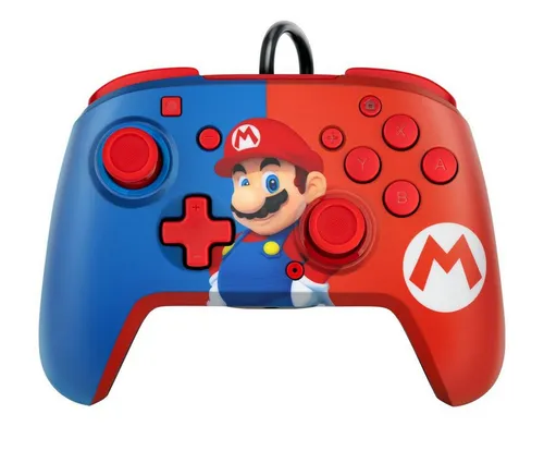 PDP Gaming Faceoff Deluxe+ - Verkabelter Switch Pro Controller, offiziell lizenziert von Nintendo, anpassbare Tasten und ergonomisches Design in rot-blau Mario