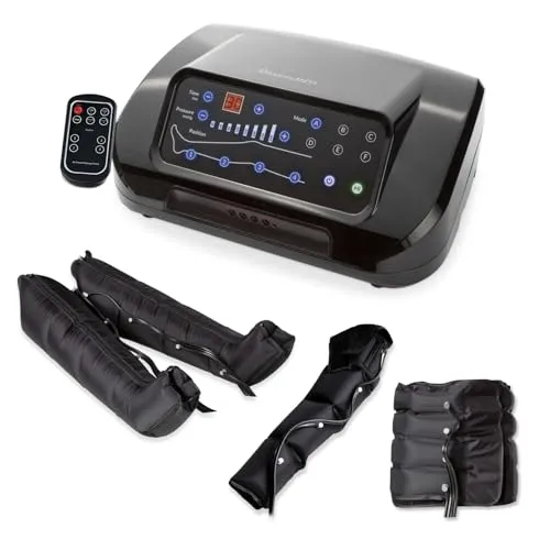 Dinamicamed | PRO 4.0 Beinmassagegerät | 4 Luftkammern | 6 Programme, verstellbarer Druck, inkl. Beinmanschetten, Bauch- & Armmanschette | Pressotherapy Lymphdrainage fördert Durchblutung