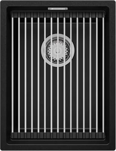 PRIMAGRAN Spülbecken Schwarz 36x47cm - Granitspüle mit Abtropffläche - 1 Becken Spüle mit XL-Becken für viel Platz, kratzfest und ideal für Unterschränke ab 40 cm. Inklusive Ablauf-Set und aufrollbarer Abtropffläche für effizientes Arbeiten in der Küche.