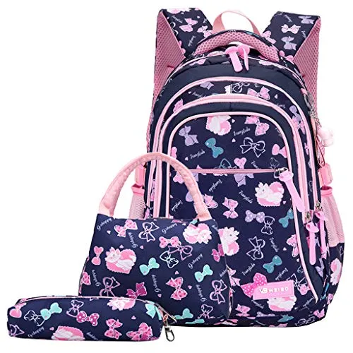 Rucksack Mädchen, Schultaschen Set 3 Teile Set Schulrucksack mit Lunch-Taschen Federmäppchen Bedruckte Lässige Tagesrucksäcke Geeignet für Kinder/Grundschüler/Mittelstufe/Teens(Tiefes Blau)