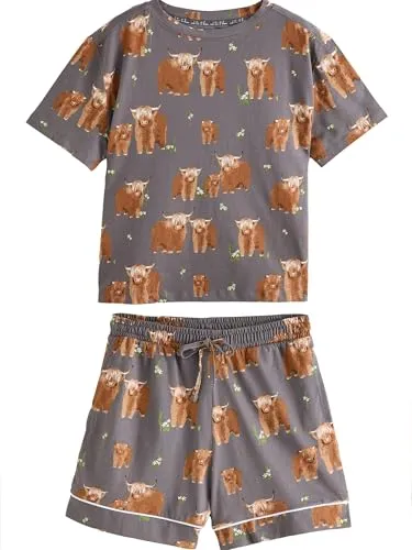 NEXT Kurzarm-Schlafanzug Hochlandrind Hamish - Holzkohle Grau M - Schlafanzüge für Damen, stilvoll und bequem, ideal für entspannte Nächte mit trendigem Hochlandrind-Design.